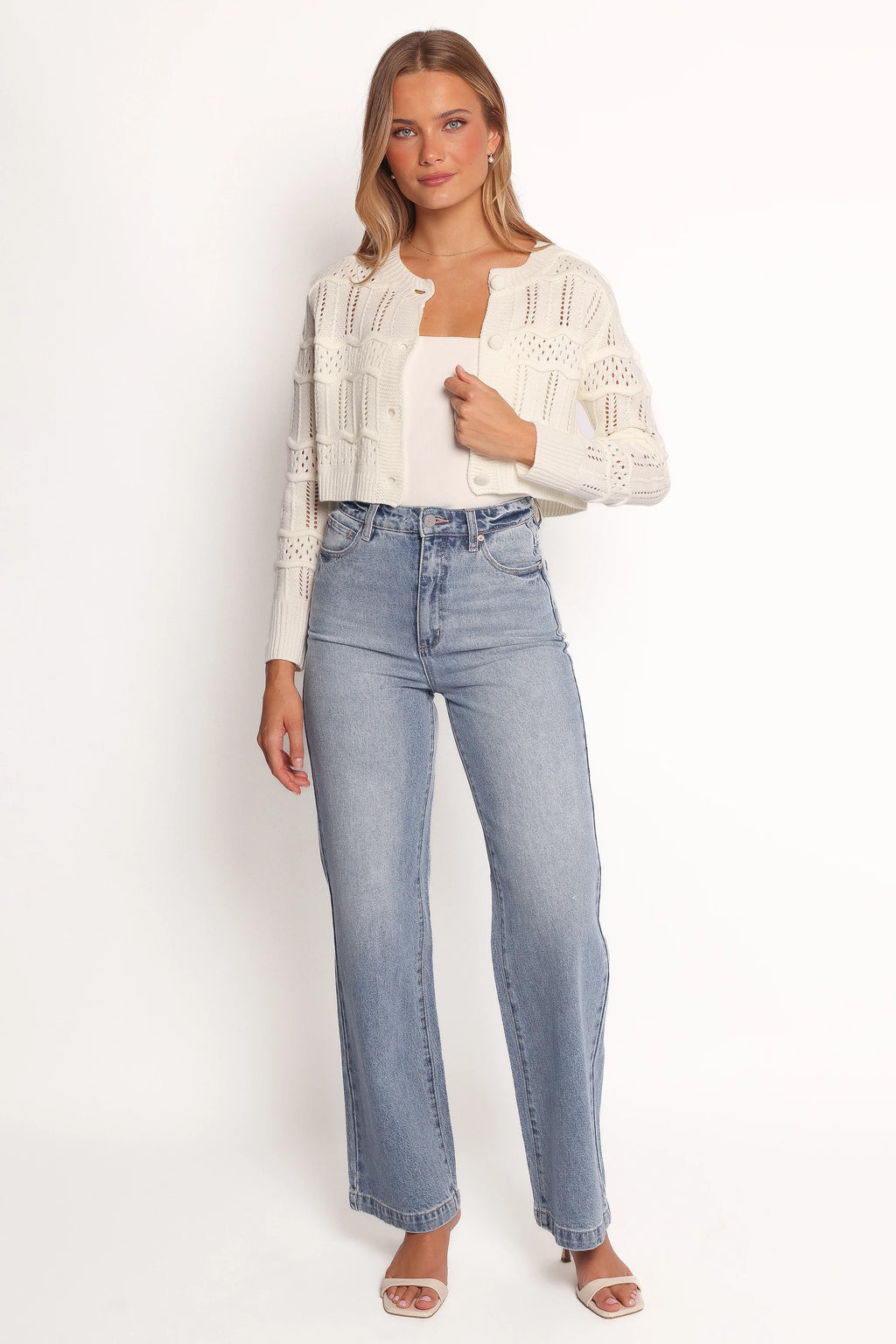 Aidy Crop Button Front Cardigan - White