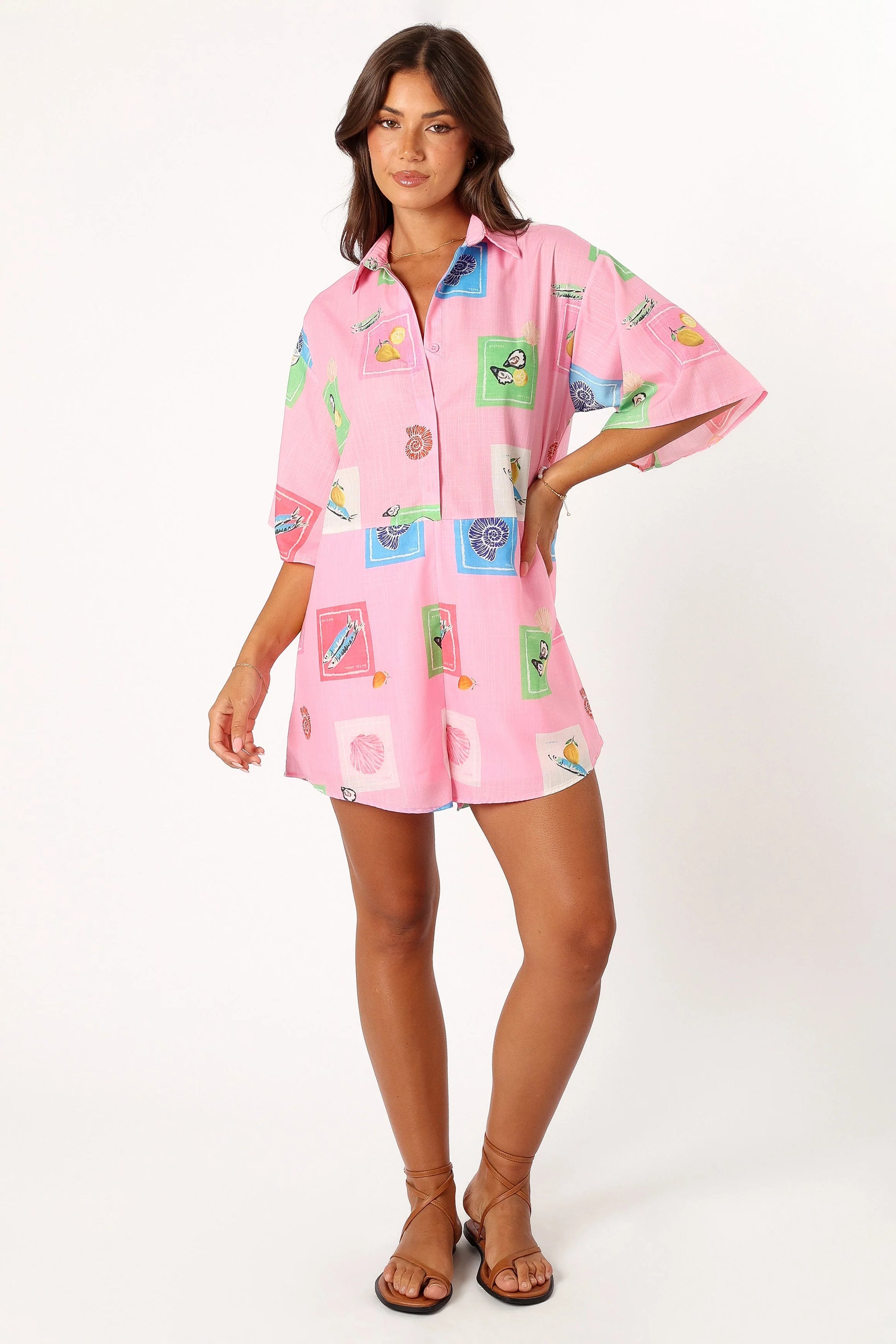 Kellie Romper - Pink Stamp Print