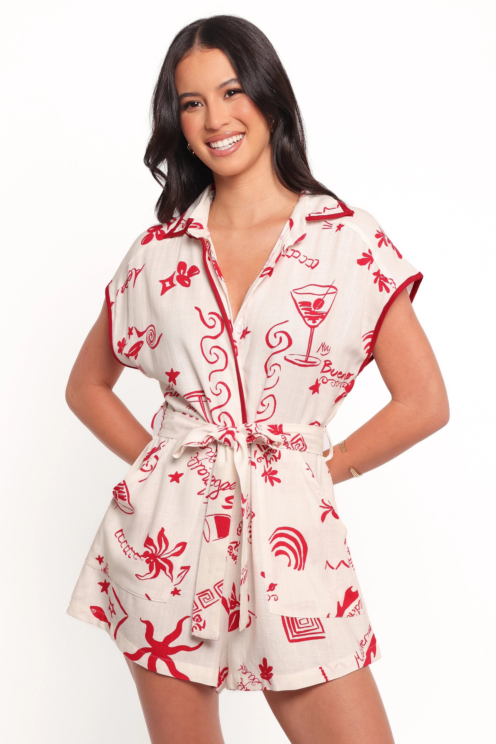 Kensie Tie Waist Romper - Red