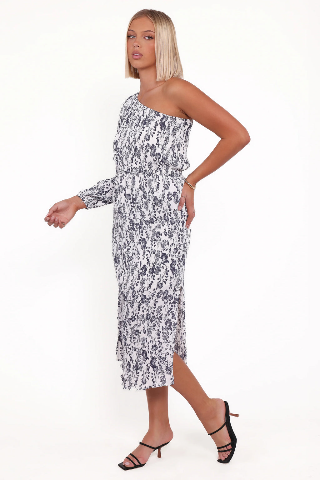 Pontee One Shoulder Pleated Midi Dress - Navy Floral