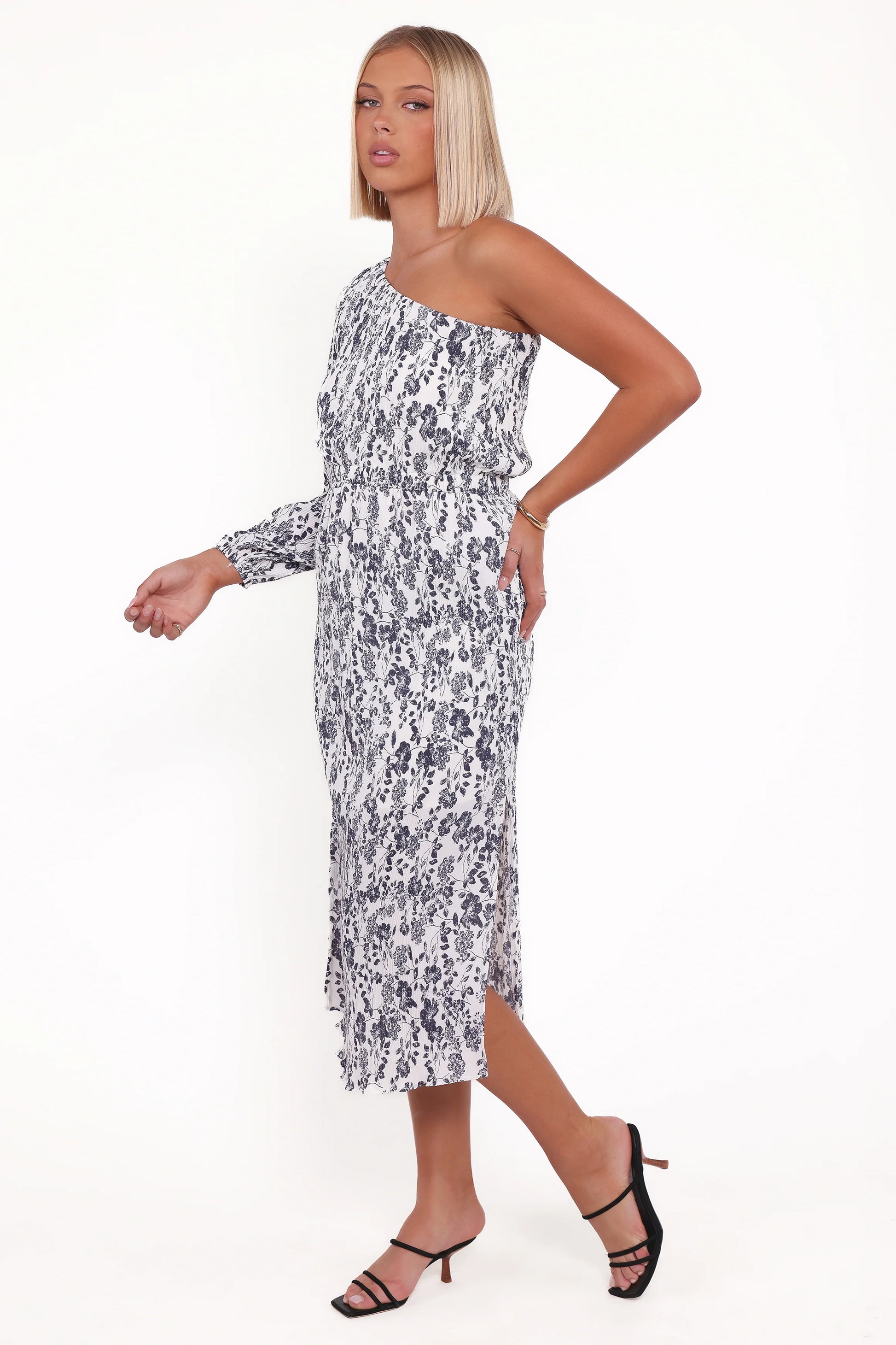 Pontee One Shoulder Pleated Midi Dress - Navy Floral