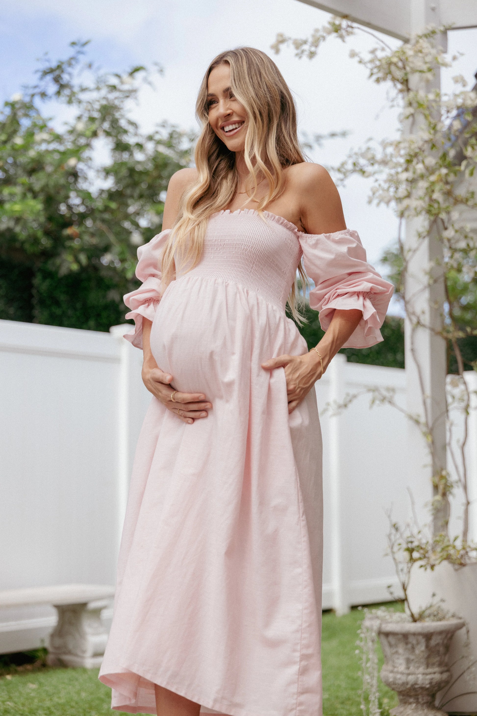 Domenica Shirred Long Sleeve Midi Dress - Pink