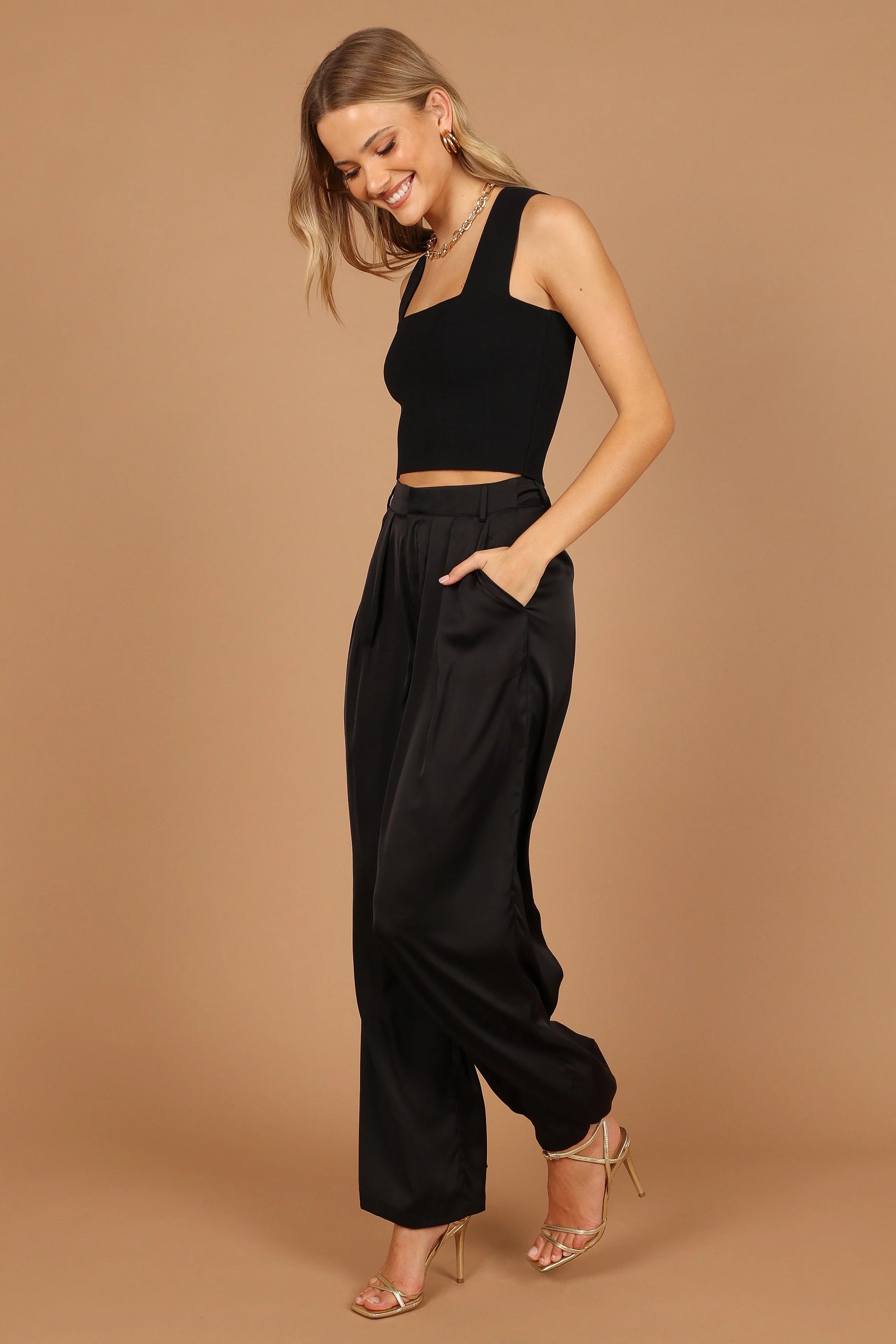 Wellington Wide Leg Satin Pant - Black